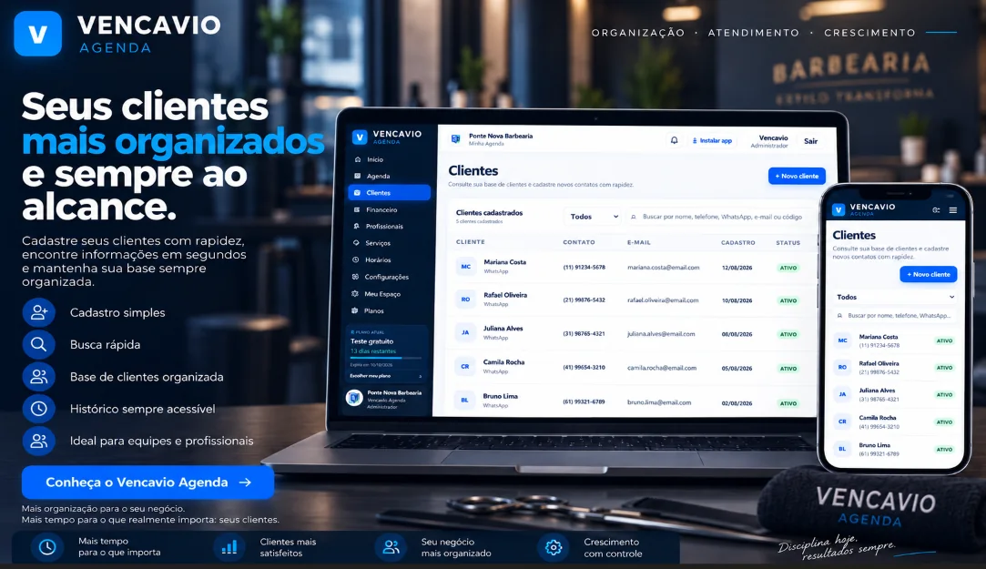 Tela real da área de clientes do Vencavio Agenda